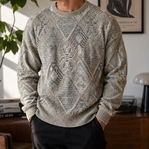 Vintage Reed St James Geometric Knit Sweater Mens Large Tan Beige 90s USA x1